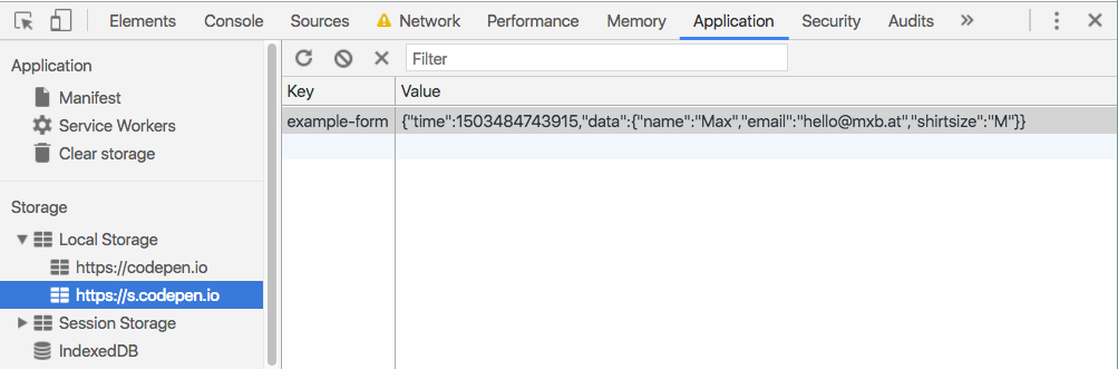 chrome devtools showing the localstorage contents